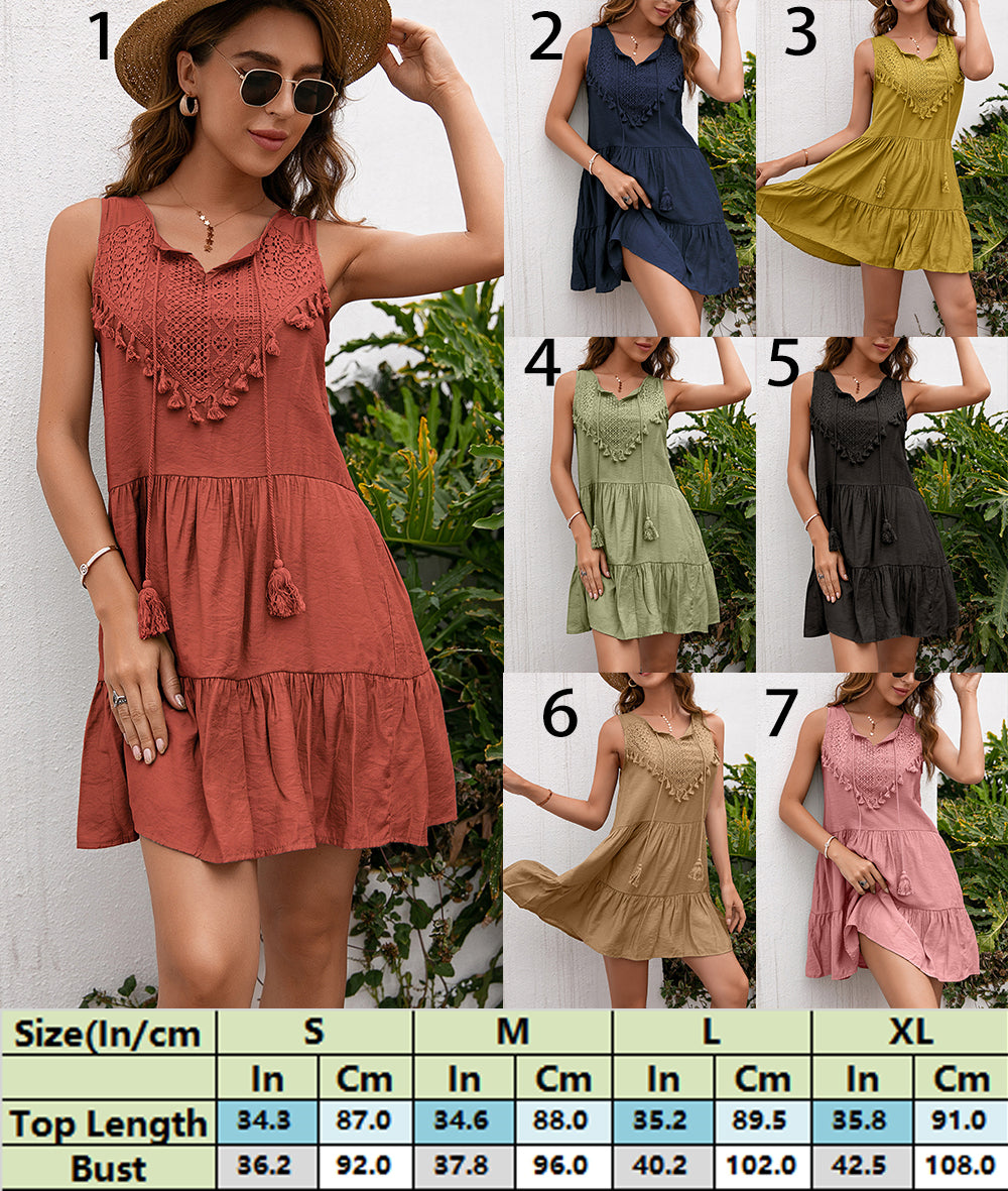 Ruffled Hem Tassels Front Sleeveless Dress 2782