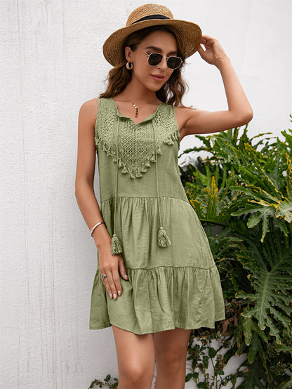 Ruffled Hem Tassels Front Sleeveless Dress 2782 Green