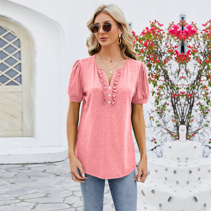 Ruffled Neckline Puff Sleeve Button Detail Tee Top 2769 Pink