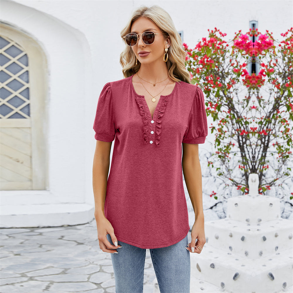 Ruffled Neckline Puff Sleeve Button Detail Tee Top 2769 Wine red