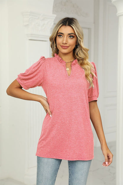 Ruffled Notch Neckline Puff Sleeve Top 2768 Pink