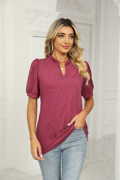 Ruffled Notch Neckline Puff Sleeve Top 2768 Wine red