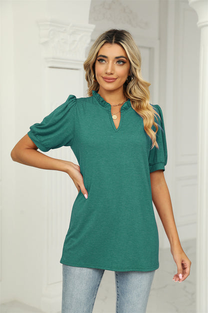 Ruffled Notch Neckline Puff Sleeve Top 2768 Green