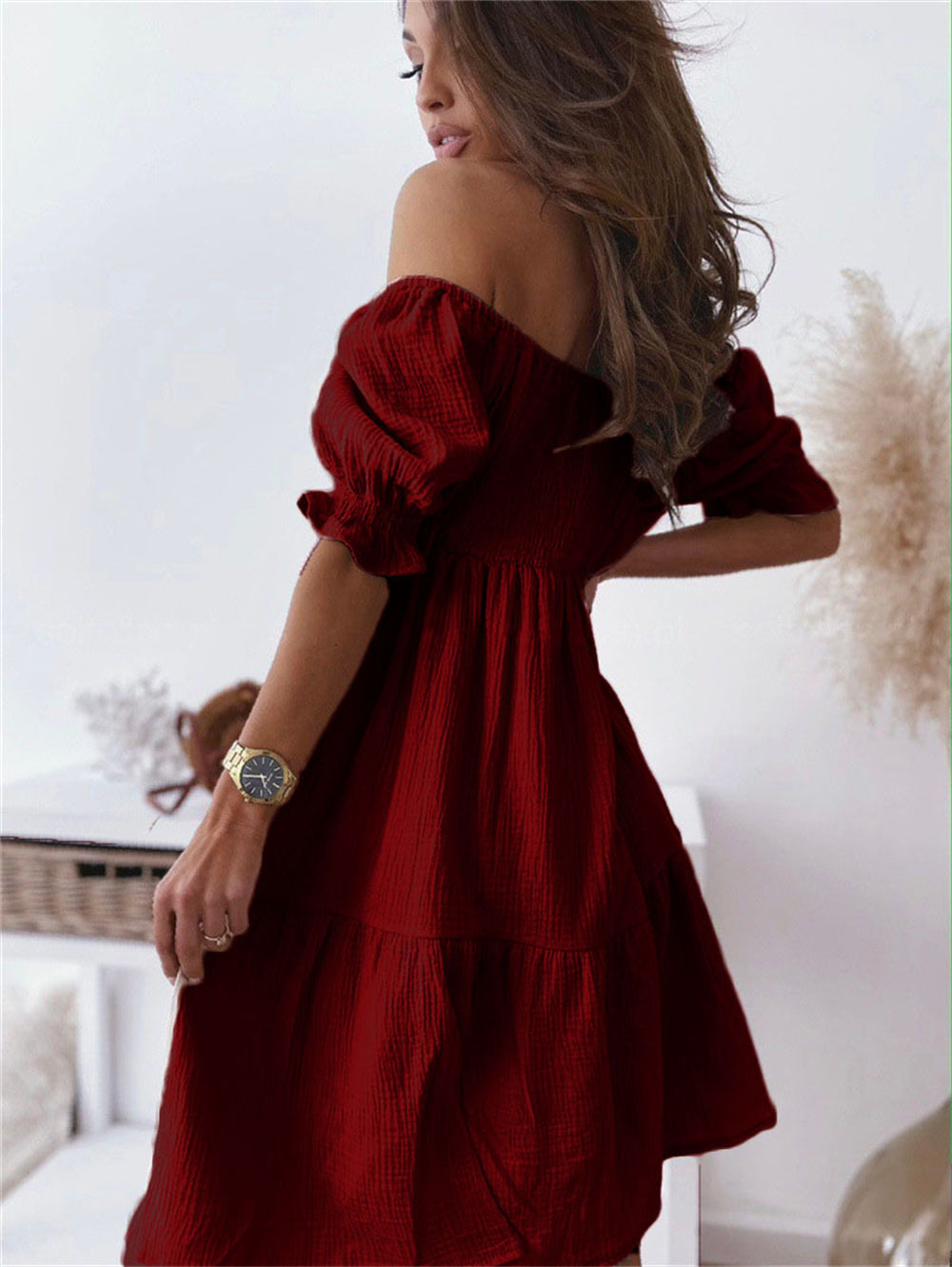 Ruffled sleeve off-shoulder mini boho dress 3085