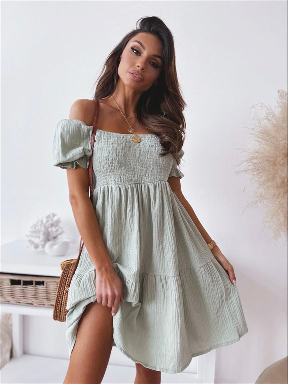 Ruffled sleeve off-shoulder mini boho dress 3085