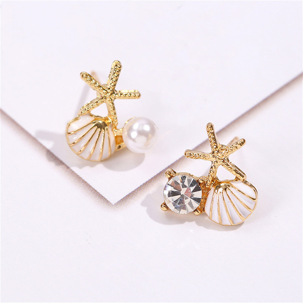 Seashell & Starfish Adorned Ear Studs 2903 White