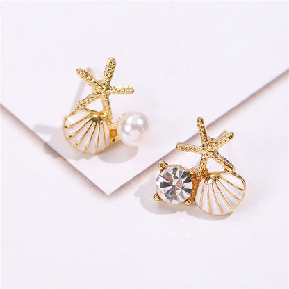 Seashell & Starfish Adorned Ear Studs 2903 White