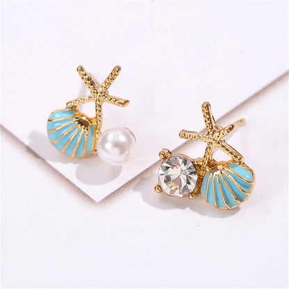 Seashell & Starfish Adorned Ear Studs 2903 Blue