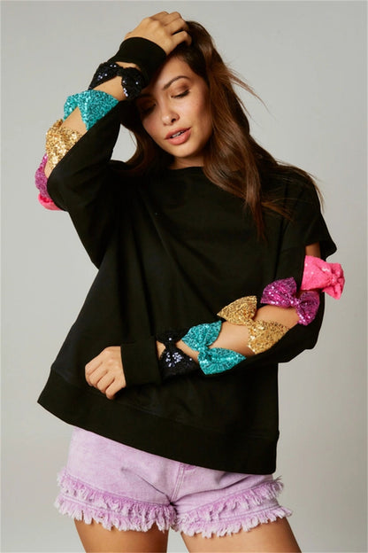 Sequin Bow Sleeve Top 2915 Black