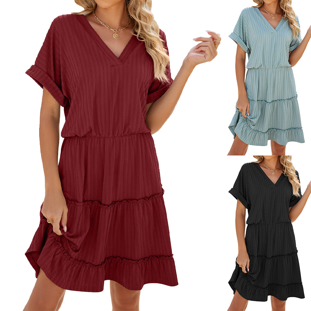 Short Sleeve Tiered Day Dress - Versatile and Comfortable 2995 Mix Color