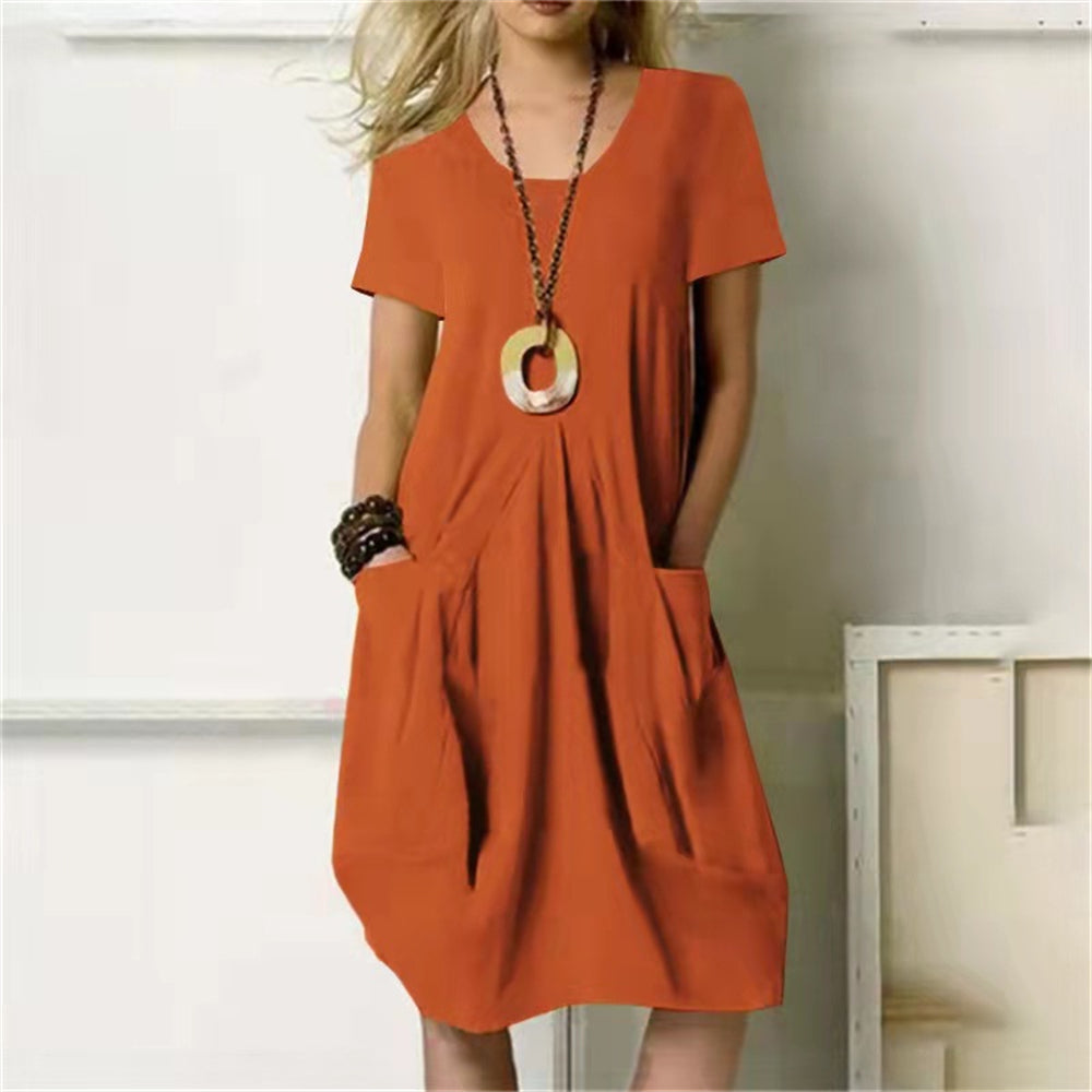 Short sleeve casual mini dresses with front pockets 3052 Orange