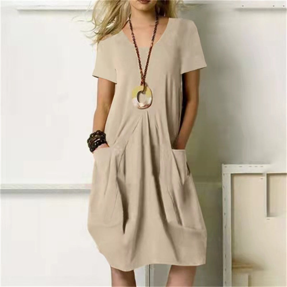 Short sleeve casual mini dresses with front pockets 3052 Khaki