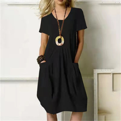 Short sleeve casual mini dresses with front pockets 3052 Black