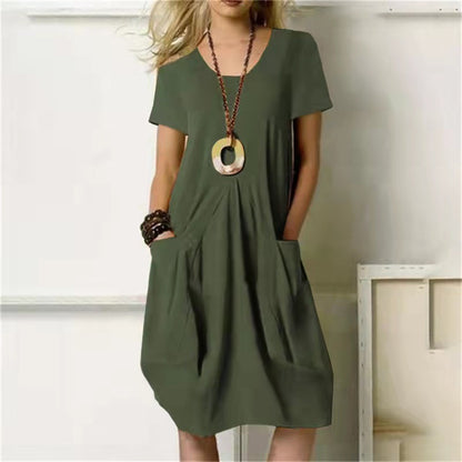 Short sleeve casual mini dresses with front pockets 3052 Military Green