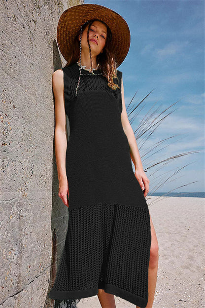 Side Slit Detail Unique Hem Sleeveless Knit Midi Dress 2937 Black