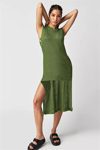 Side Slit Detail Unique Hem Sleeveless Knit Midi Dress 2937 Green