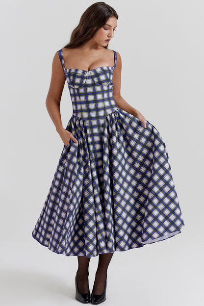 Sleeveless A-Line Dress for Sunny Days midi dress 3044 Blue Checkered