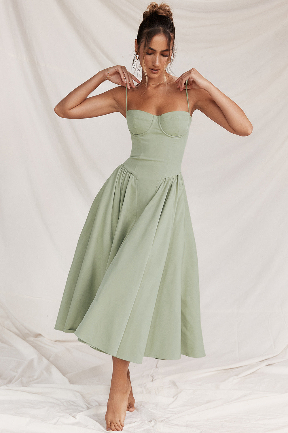 Sleeveless A-Line Dress for Sunny Days midi dress 3044 Light green+Yellow