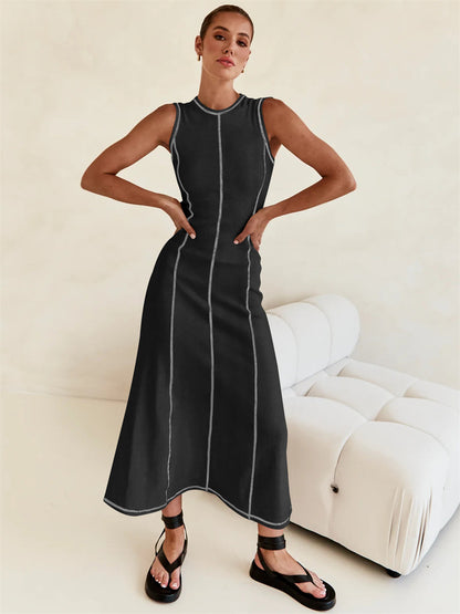 Sleeveless A-Line Midi Knit Dress with Contrast Stitching 3068