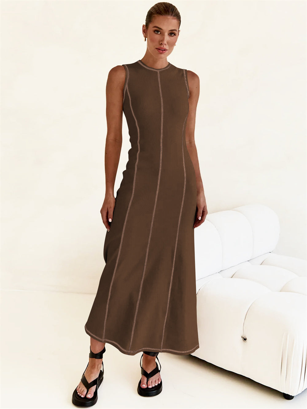 Sleeveless A-Line Midi Knit Dress with Contrast Stitching 3068