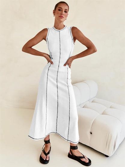 Sleeveless A-Line Midi Knit Dress with Contrast Stitching 3068