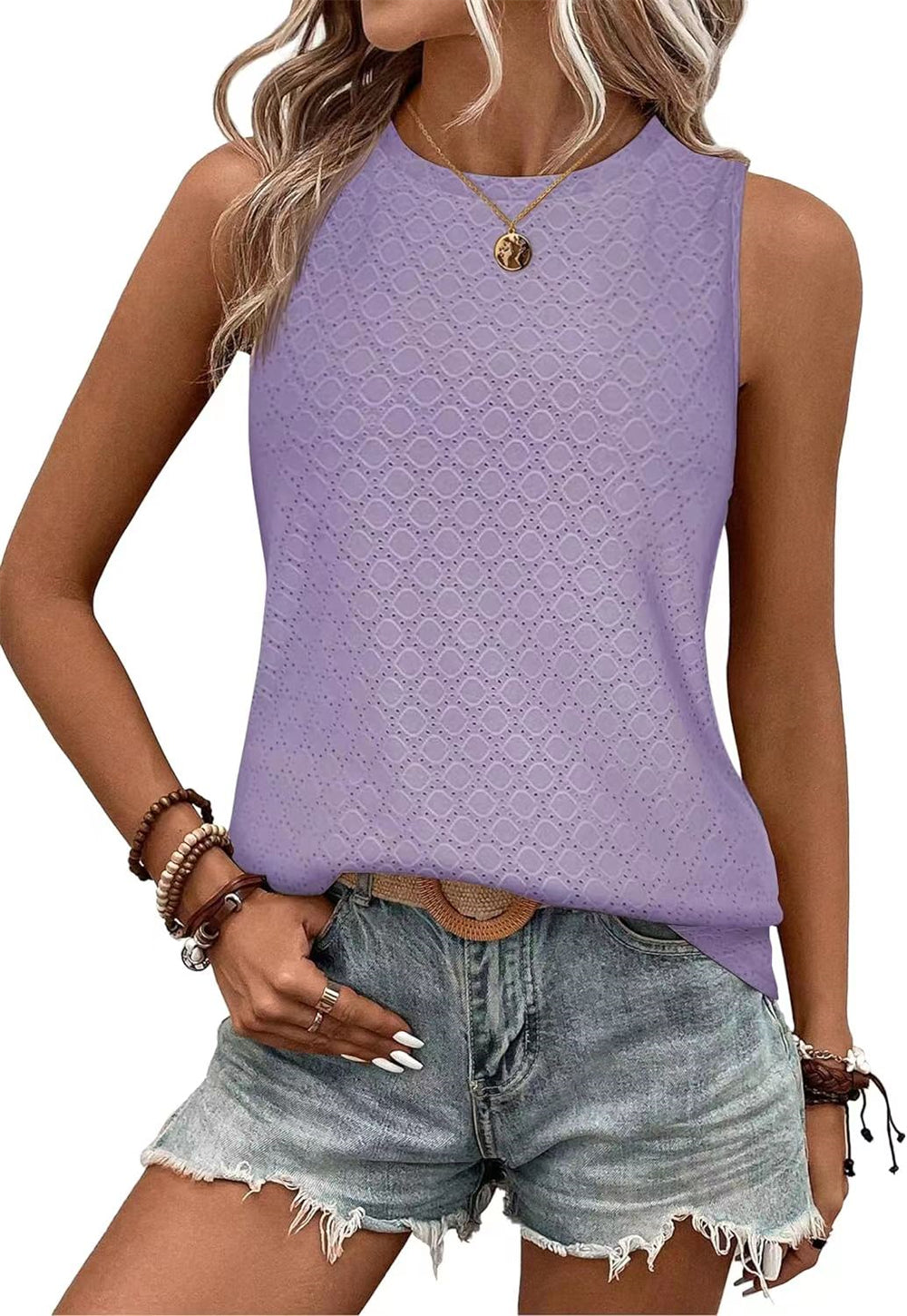 Sleeveless Hollowing out Detail Shirt 2986 Purple