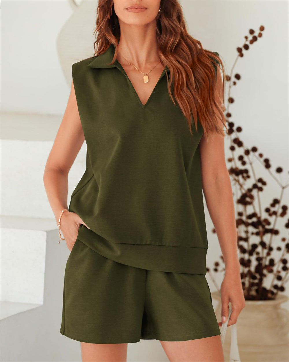 Sleeveless V-Neck Two-Piece Lounge Set 2778 Military Green