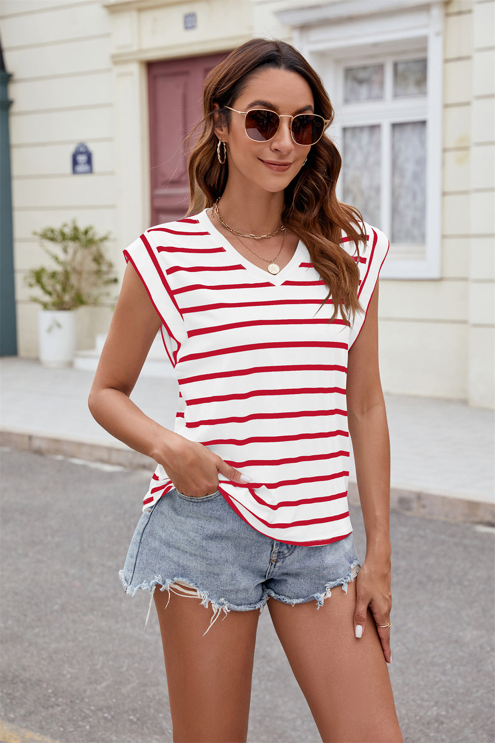 Sleeveless V-Neckline Striped Blouse 2926 Pink