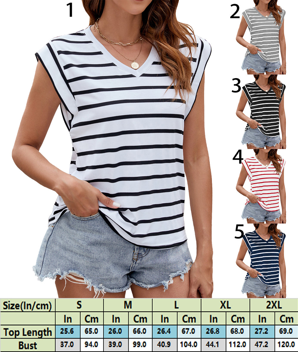 Sleeveless V-Neckline Striped Blouse 2926