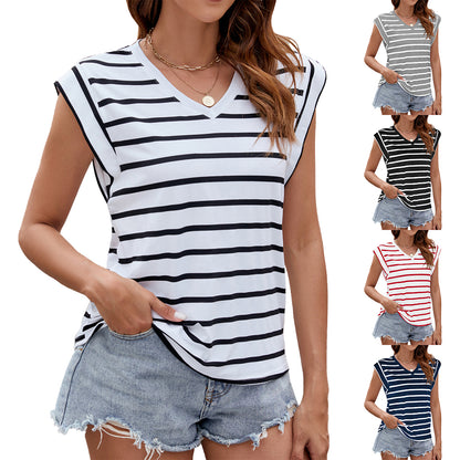 Sleeveless V-Neckline Striped Blouse 2926 Mix Color