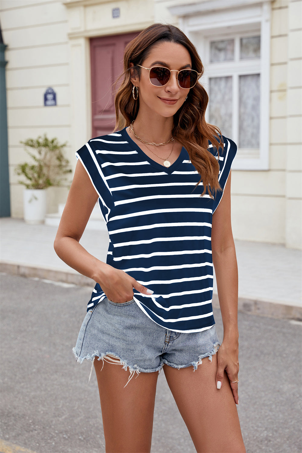 Sleeveless V-Neckline Striped Blouse 2926 Dark blue