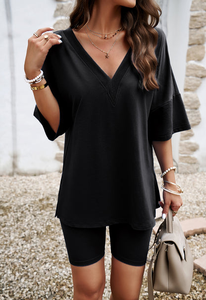 Solid V Neck Half Sleeve Drop Shoulder Two Pieces 2758 Black