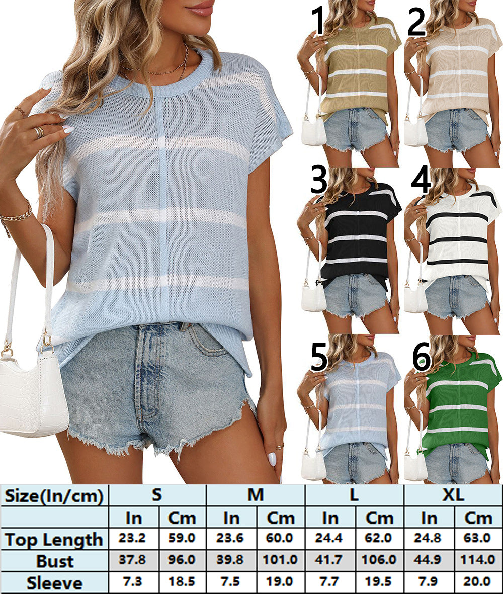 Striped Crew Neck Knitted Blouse for Summer 3004