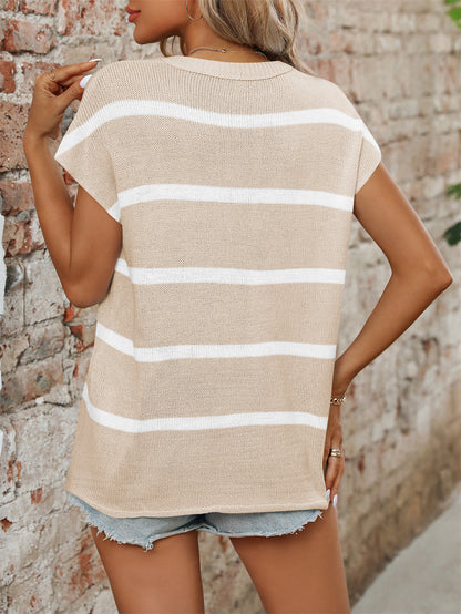 Striped Crew Neck Knitted Blouse for Summer 3004