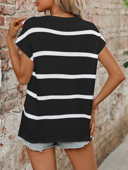 Striped Crew Neck Knitted Blouse for Summer 3004