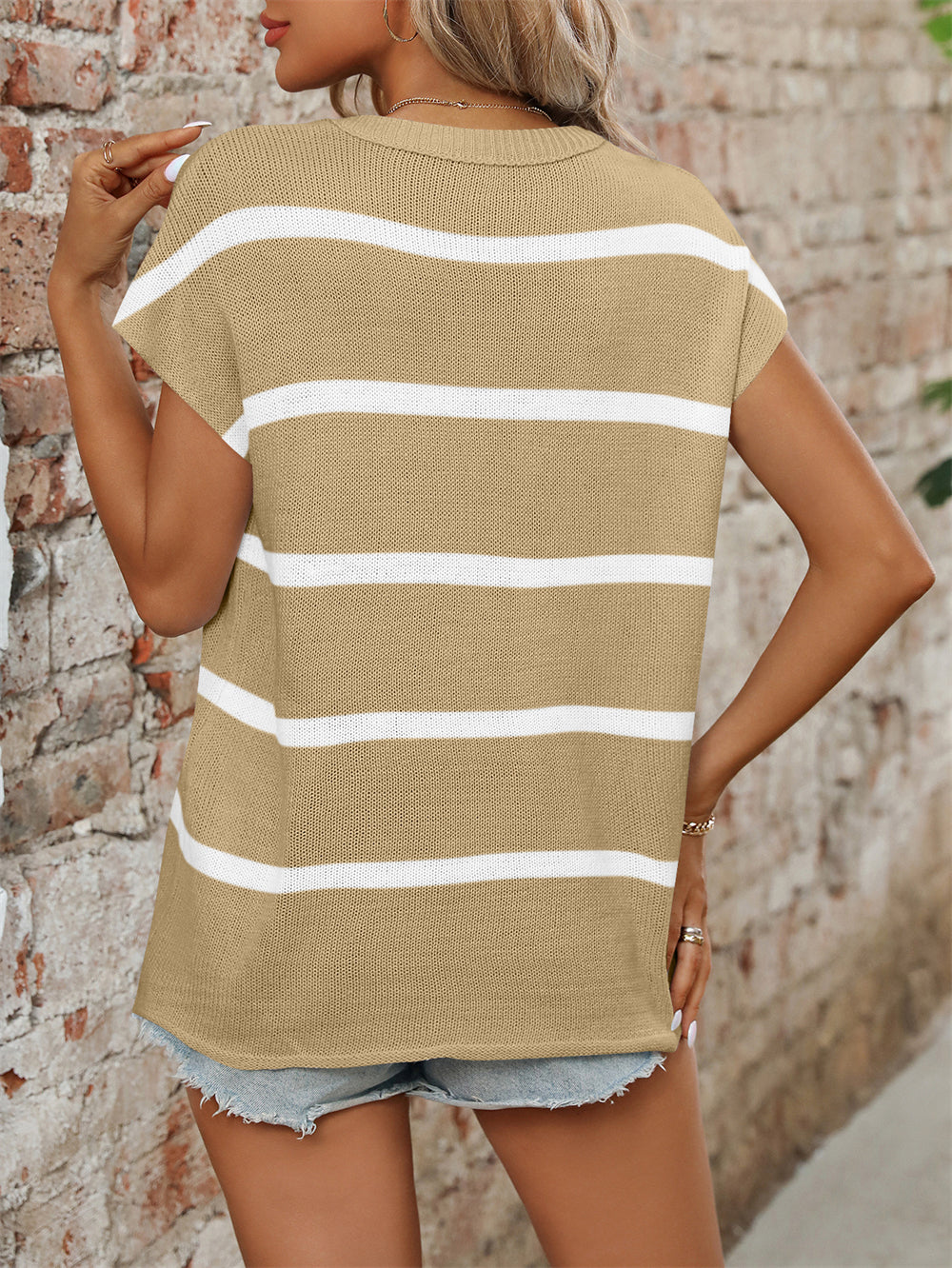 Striped Crew Neck Knitted Blouse for Summer 3004