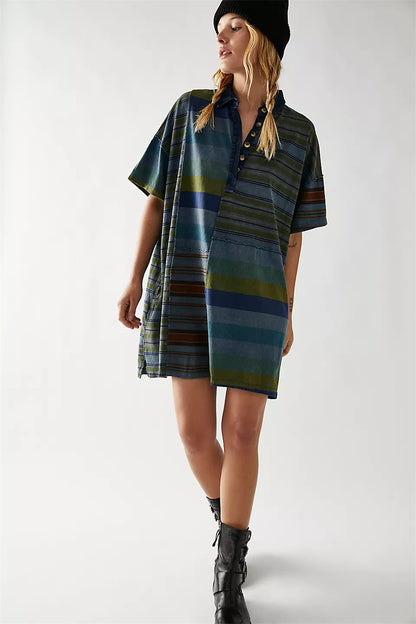 Striped color block drop shoulder button down dress 3077