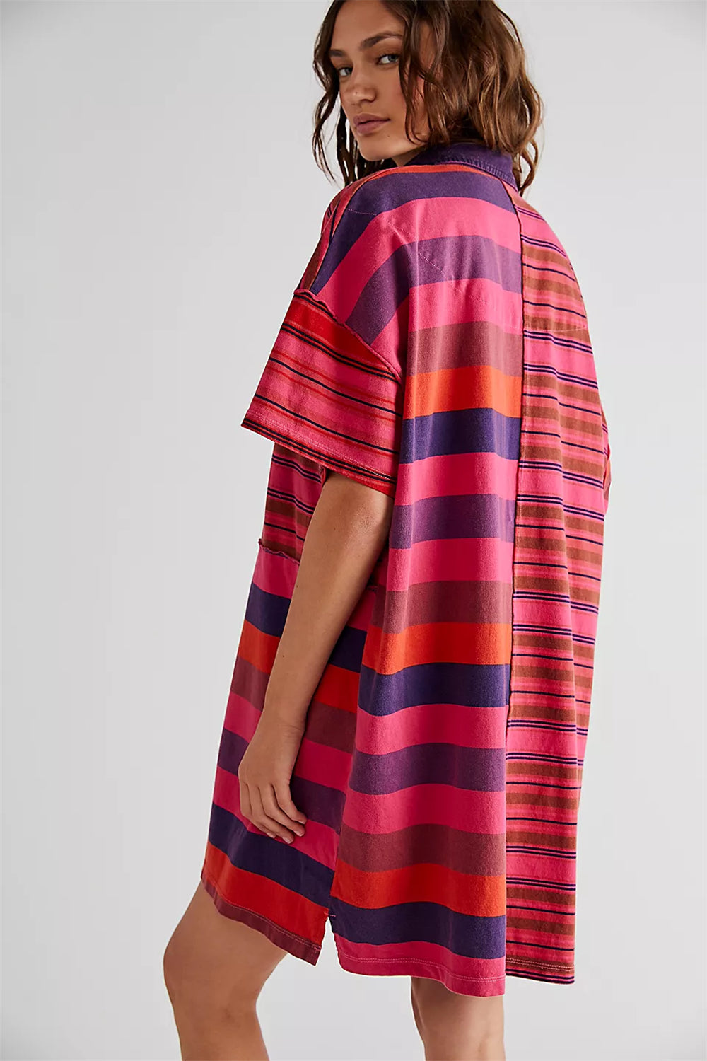 Striped color block drop shoulder button down dress 3077