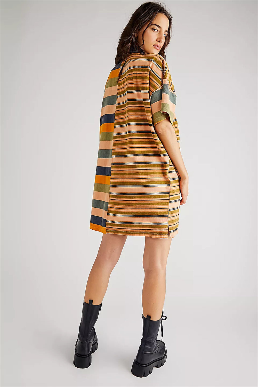 Striped color block drop shoulder button down dress 3077