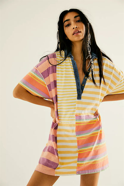 Striped color block drop shoulder button down dress 3077