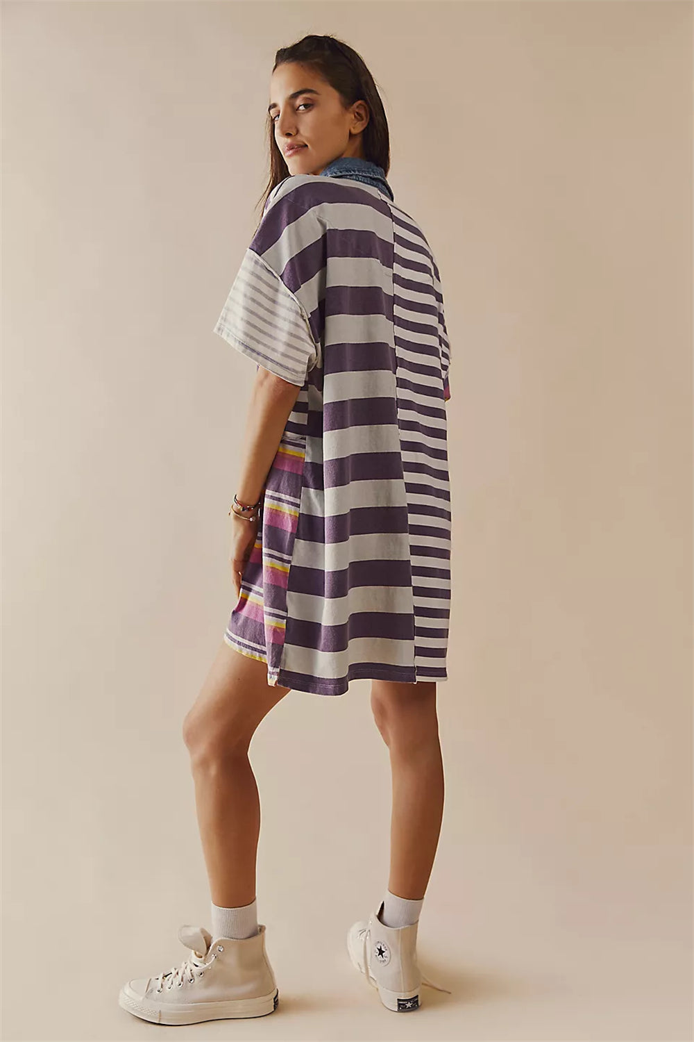 Striped color block drop shoulder button down dress 3077