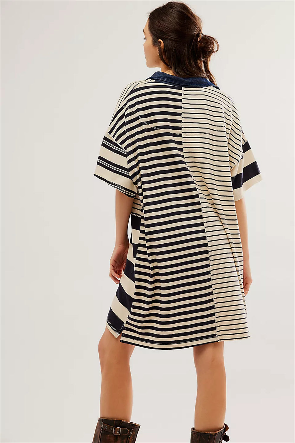 Striped color block drop shoulder button down dress 3077