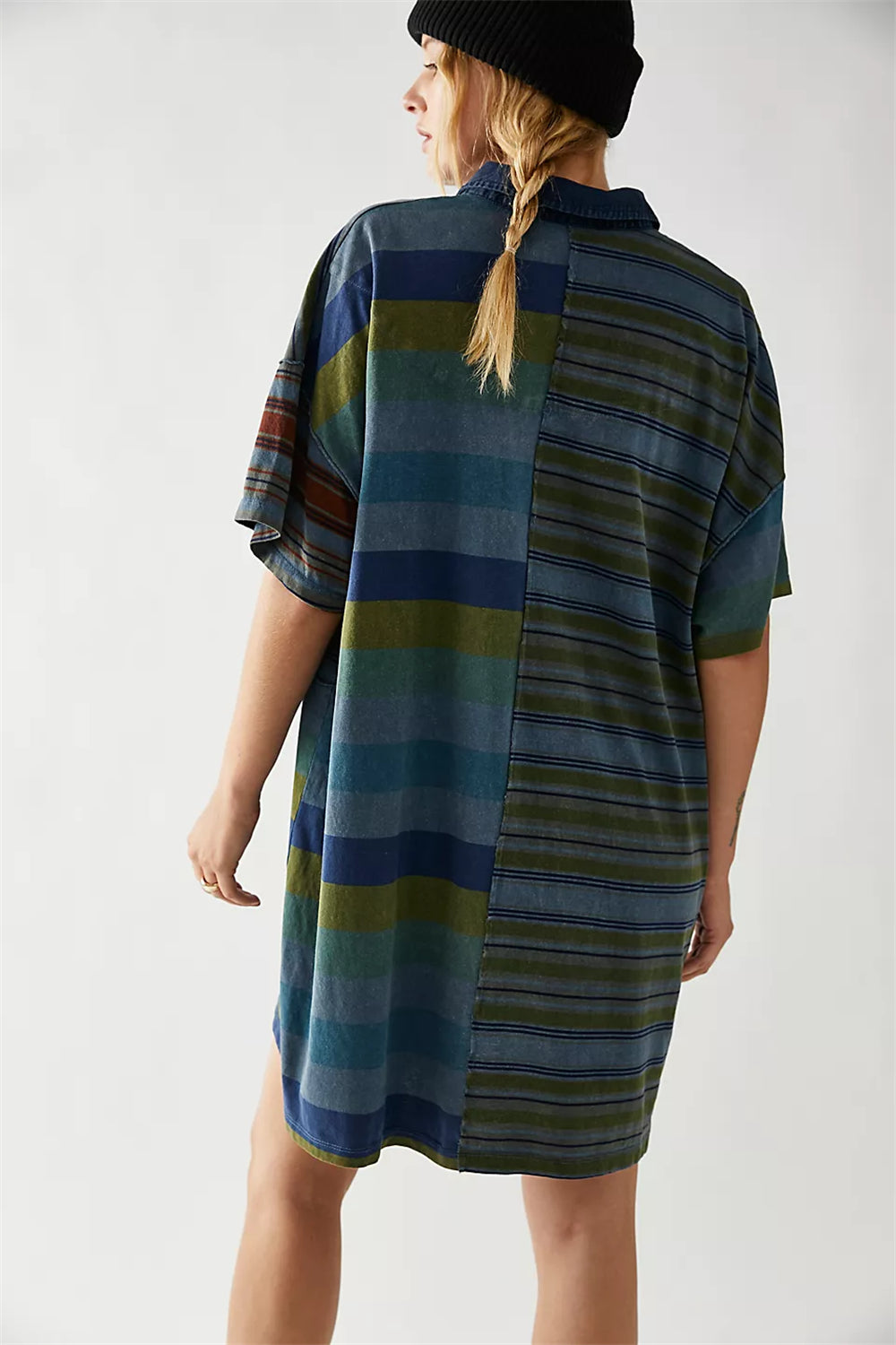 Striped color block drop shoulder button down dress 3077