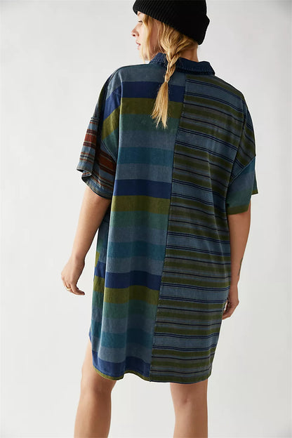 Striped color block drop shoulder button down dress 3077