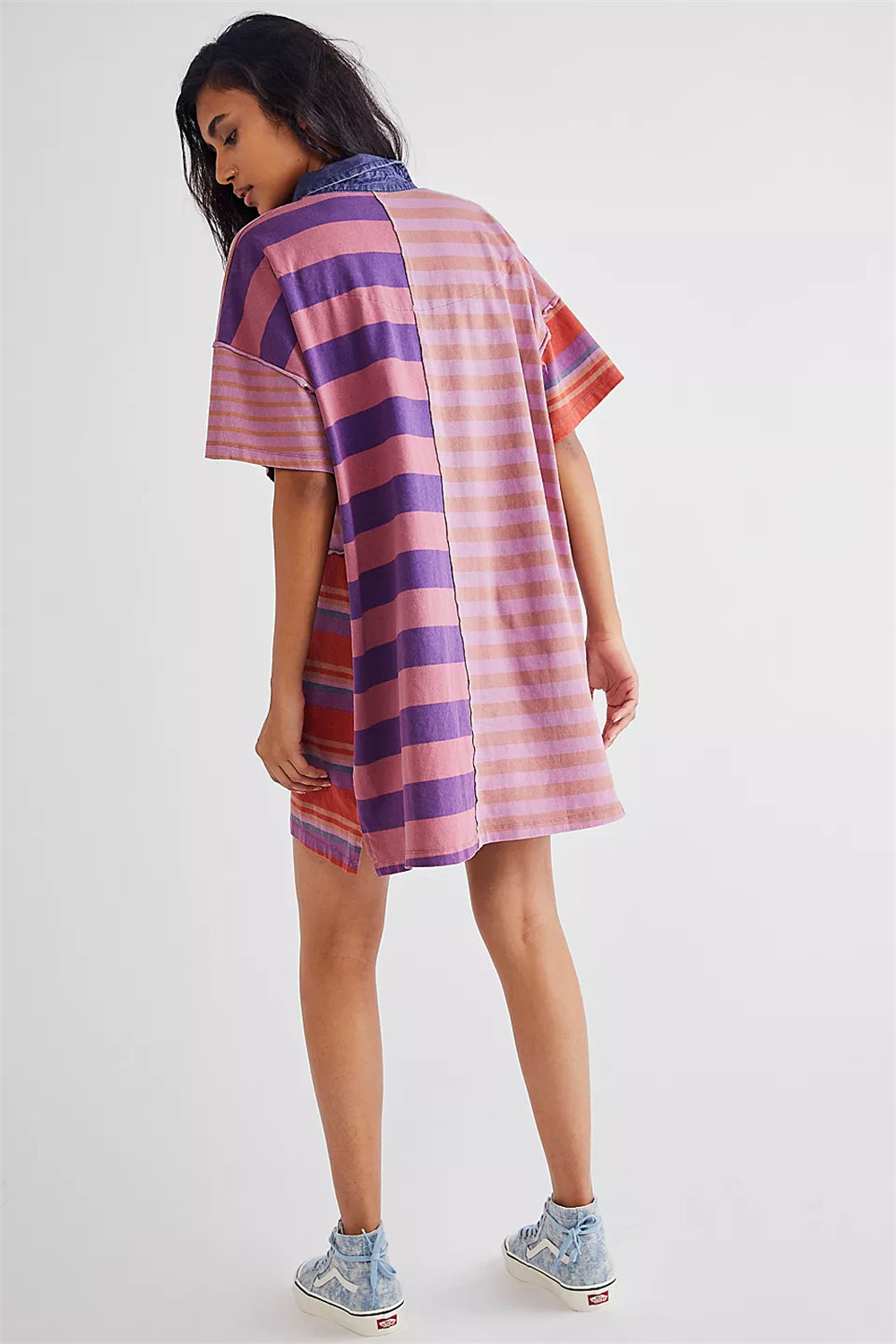 Striped color block drop shoulder button down dress 3077