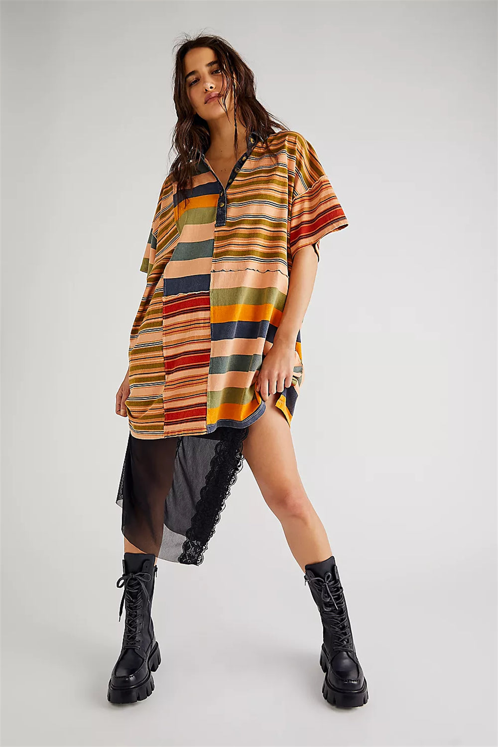 Striped color block drop shoulder button down dress 3077