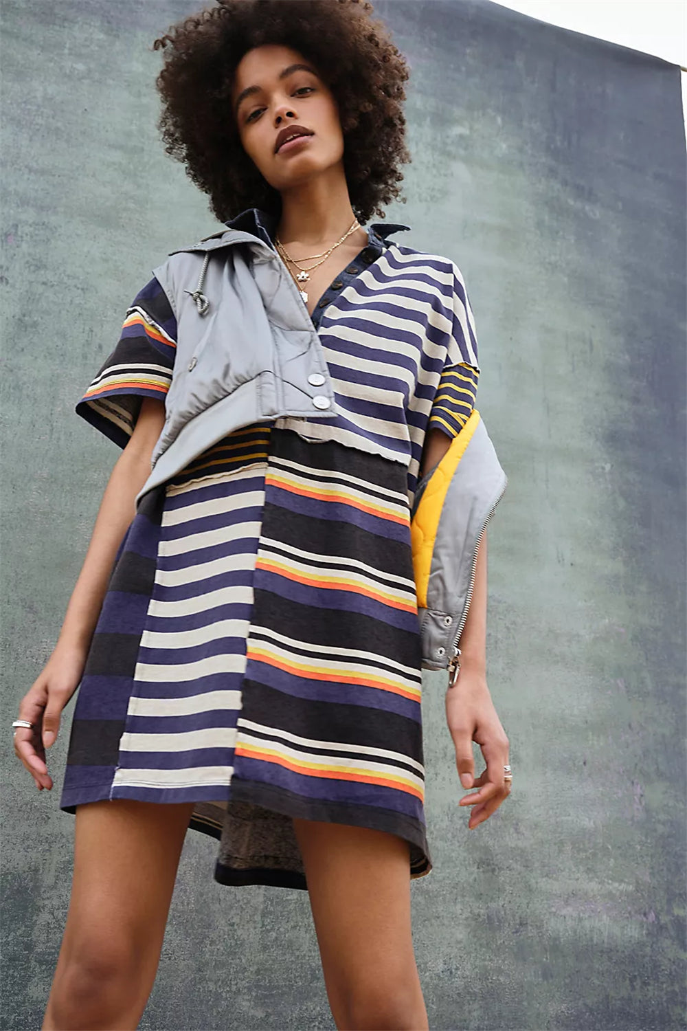 Striped color block drop shoulder button down dress 3077