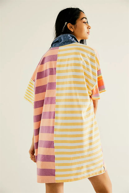 Striped color block drop shoulder button down dress 3077