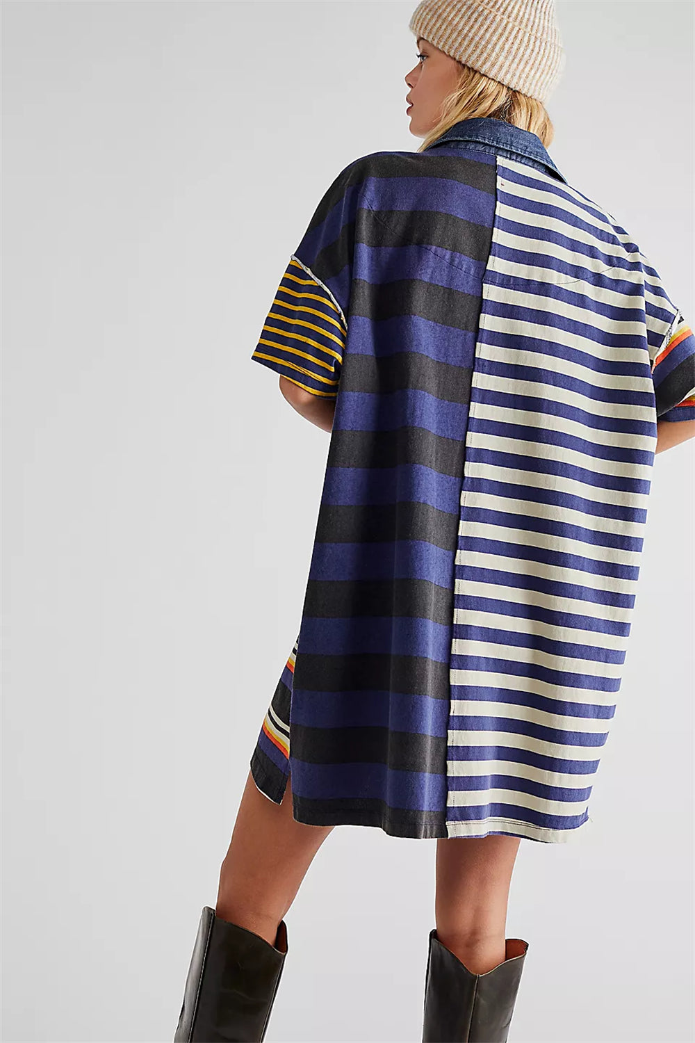 Striped color block drop shoulder button down dress 3077