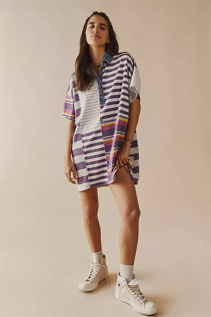 Striped color block drop shoulder button down dress 3077